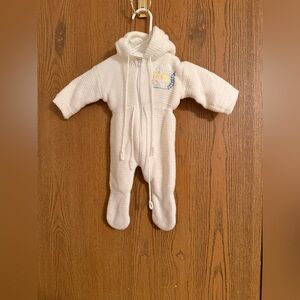 Cozy White Hooded Baby One Piece with Choo Choo Train Appliqué